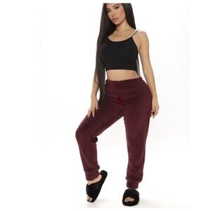 NEW Fashion Nova Favorite Plush PJ Joggers Burgundy Red Pull On Pants Sz Medium